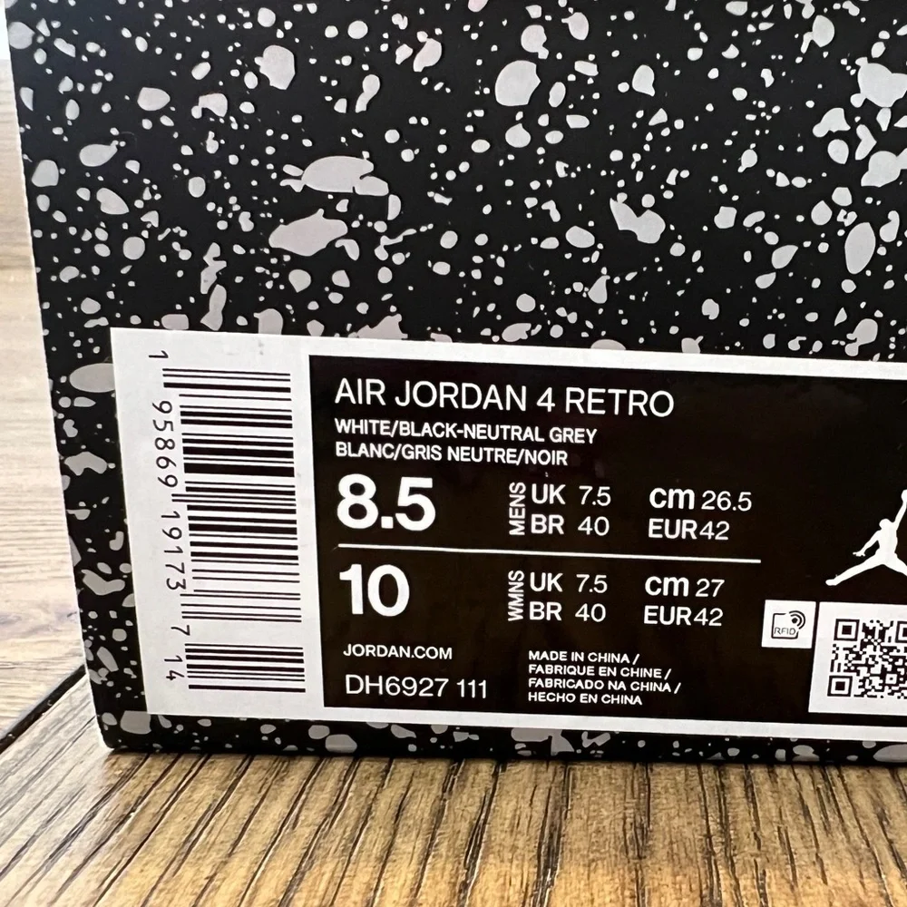 GUC Men’s Air Jordan 4 Retro White Black Neutral Gray Greis Neutre Noir 9.5M